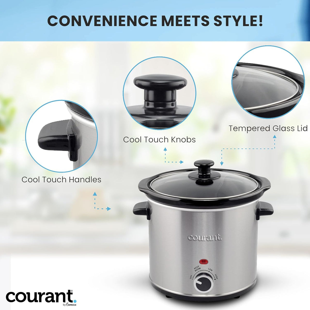 Courant Slow Cooker 3.2 Quart - Stainless Steel, Removable Ceramic Insert & Glass Lid With Three Temperature Settings