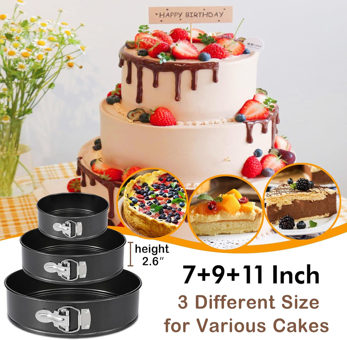 Springform Pan Set of 3 Nonstick 7 9 11 Inch Cheesecake Pan, Leakproof Spring Form Pans for Cheesecake with Removable Bottom, Springform Round Cake Pans Sets for Baking with 60 Parchment Paper