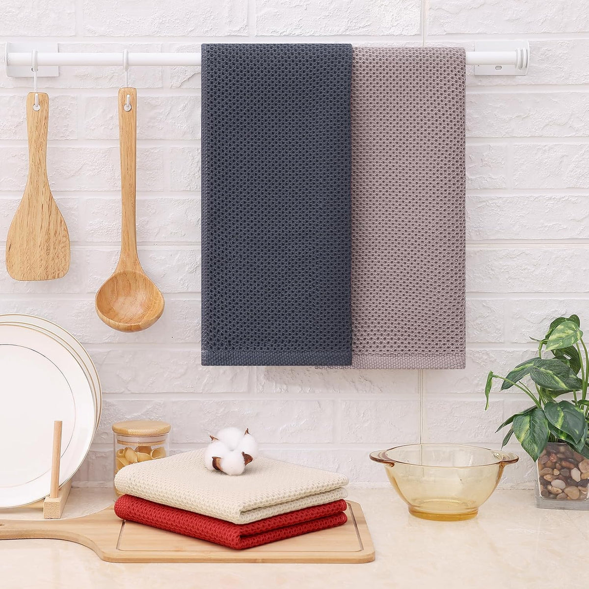 Kitinjoy 100% Cotton Waffle Weave Kitchen Towels, 8-Pack Super Soft and Absorbent Dish Towels for Drying Dishes, Kitchen Hand Towels, 13 in x 28 in, Multicolor