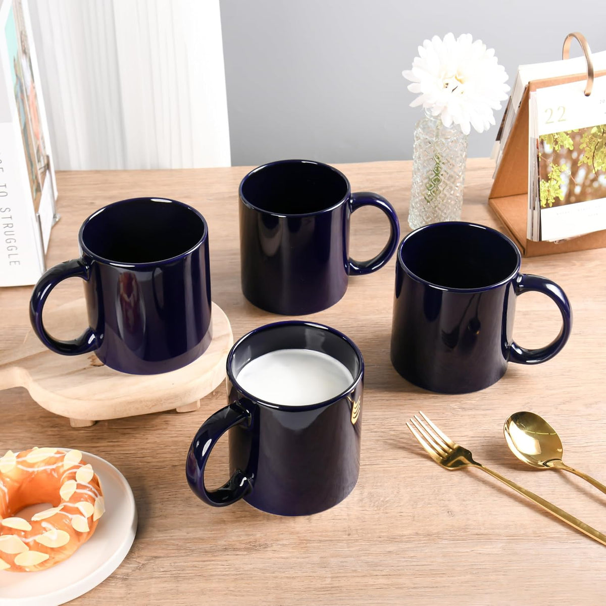 22oz Super Large Ceramic Coffee Mugs Large Handles Set of 4 (Cobalto)