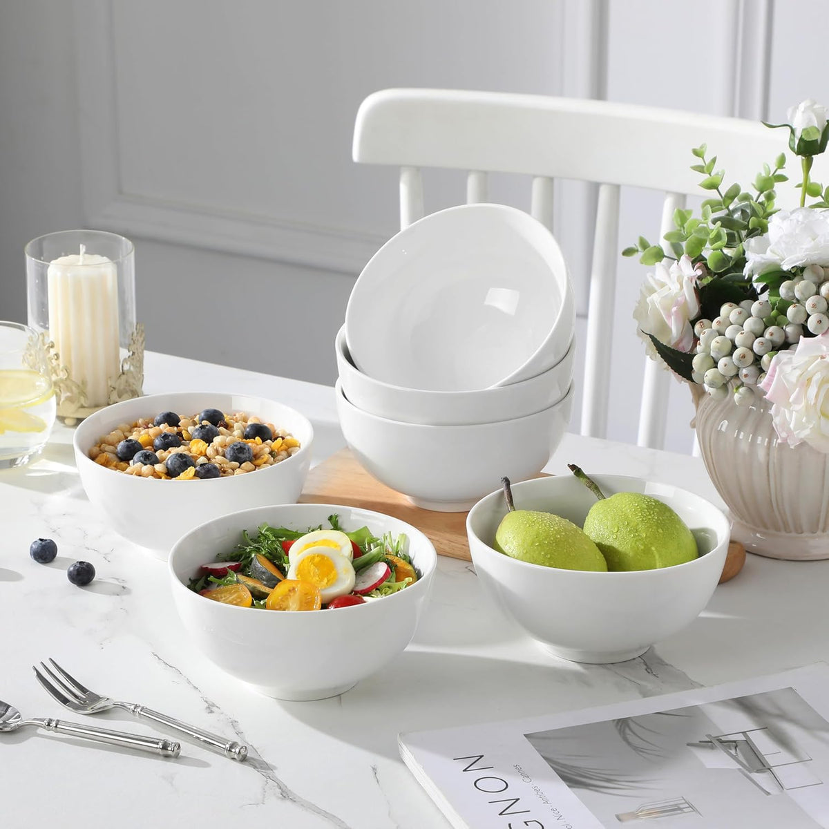 MALACASA 26 oz Porcelain Soup Bowls, White Ceramic Cereal Bowls for Kitchen 6 inch Bowls Set of 6 for Oatmeal Salad Fruit Rice Dishwasher and Microwave Safe, Series Regular