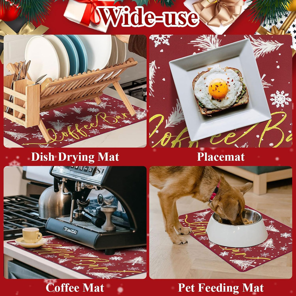 SHACOS Christmas Coffee Mat 2-Pack 12x19 Absorbent Non Slip Coffee Maker Mat for Countertop Accessories Heat Resistant, Christmas Red