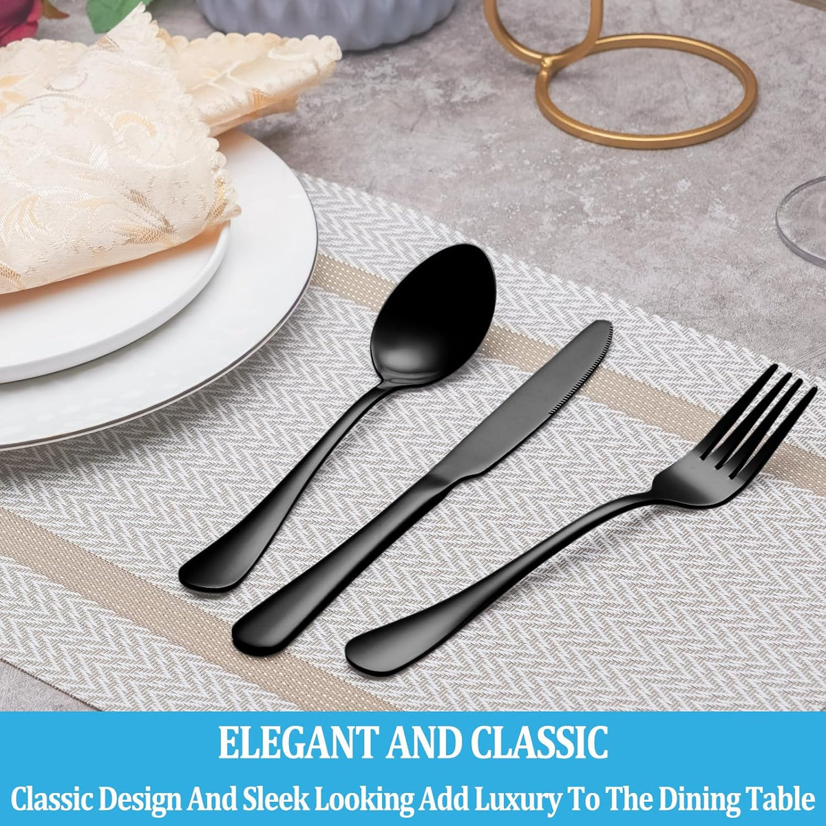30 Pcs Black Silverware Set, Stainless Steel Flatware Set Service for 6, Mirror Polished Cutlery Utensil Set, Durable Home Kitchen Eating Tableware Set, Include Fork Knife Spoon Set, Dishwasher Safe