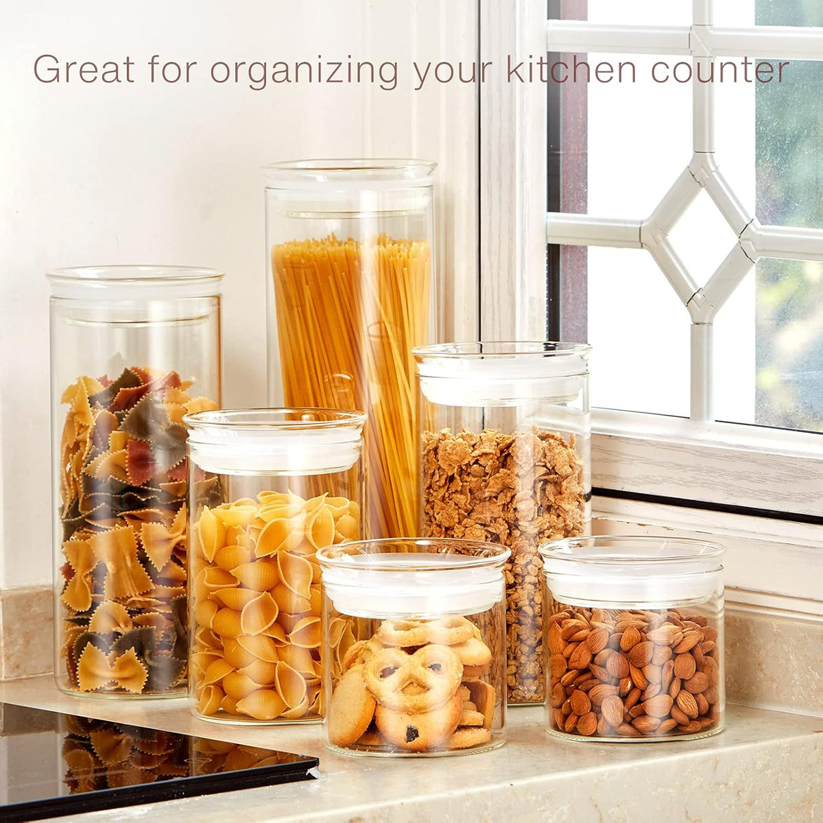 ZENS Glass Spaghetti Pasta Storage Container with Lids Set of 2, 65oz Tall Clear Airtight Food Storage Jar Canisters for Kitchen Pantry Noodles Flour Cereal Coffee Beans
