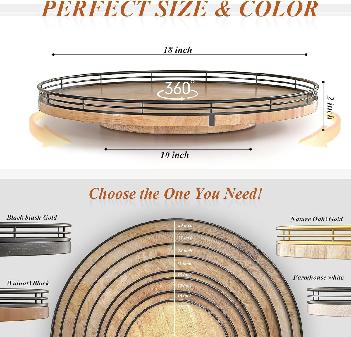 18" Lazy Susan Oak Wood Turntable Organizer for Cabinet, Farmhouse Round Wooden Large Lazy Susan Organization and Storage for Dining Table, Pantry, Kitchen, Countertop, Cupboard, Home Decor