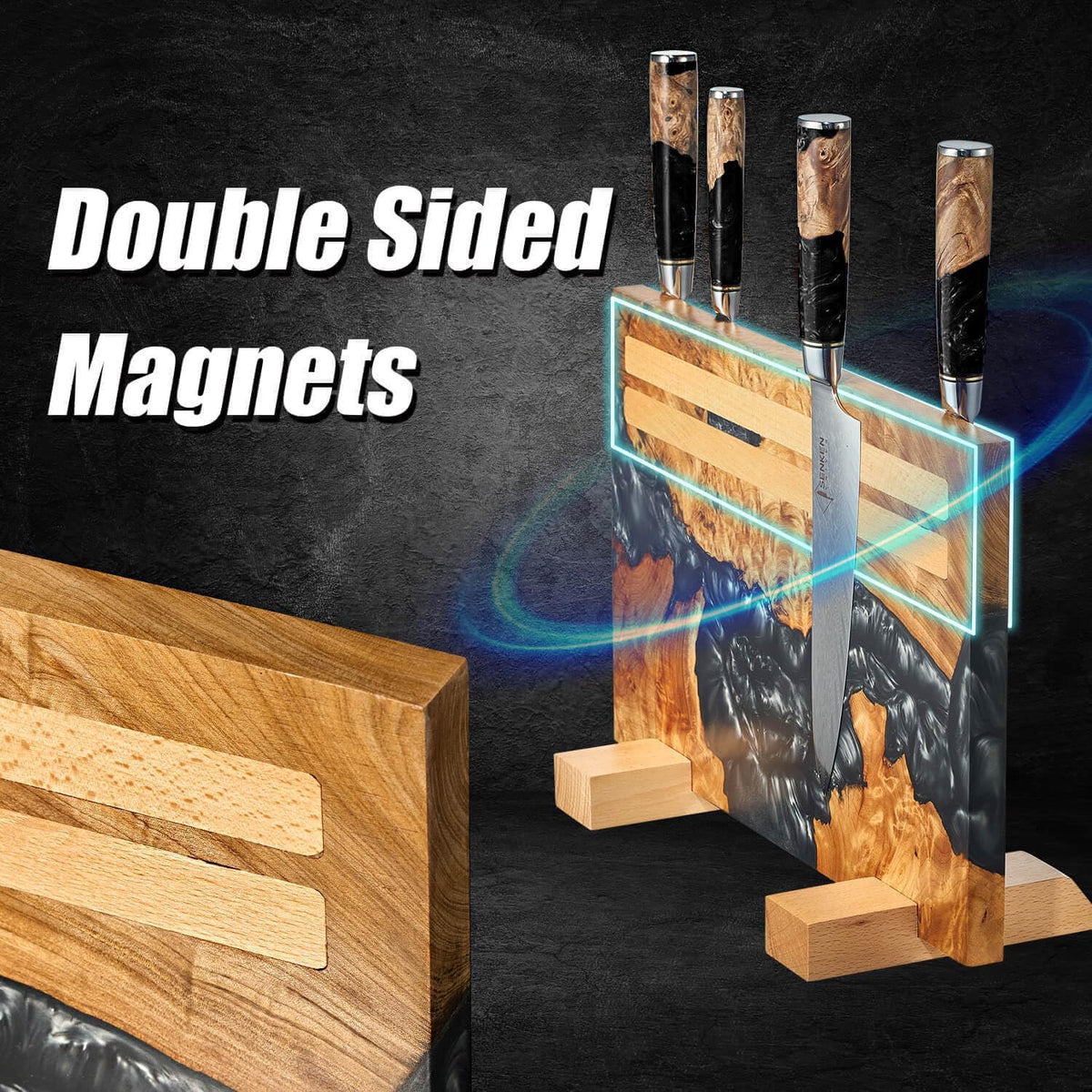 SENKEN "Black Tsunami" Extra Large Magnetic Knife Block - Holds Up to 16 Knives - Knife Block without Knives, Universal Knife Holder, Beautiful Dark Resin & Natural Wood Blend (Black Resin)