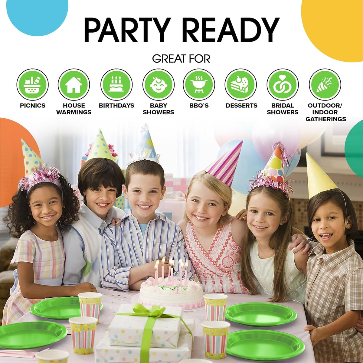 Exquisite Party Solids Lime Green Plastic Plates For Party 7" Lime Green Disposable Plates Heavy Duty Supplies 100 Pcs Plastic Dinnerware Sets Heavy Duty 350 GSM Disposable Dinnerware Set