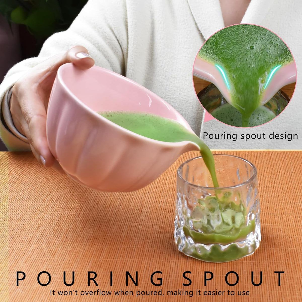 Artcome 4 Pcs Japanese Matcha Tea Set - Matcha Bowl with Pouring Spout, Matcha Whisk, Tea Scoop, Whisk Holder, Handmade Matcha Ceremony Kit For Japanese Tea Ceremony, Rose