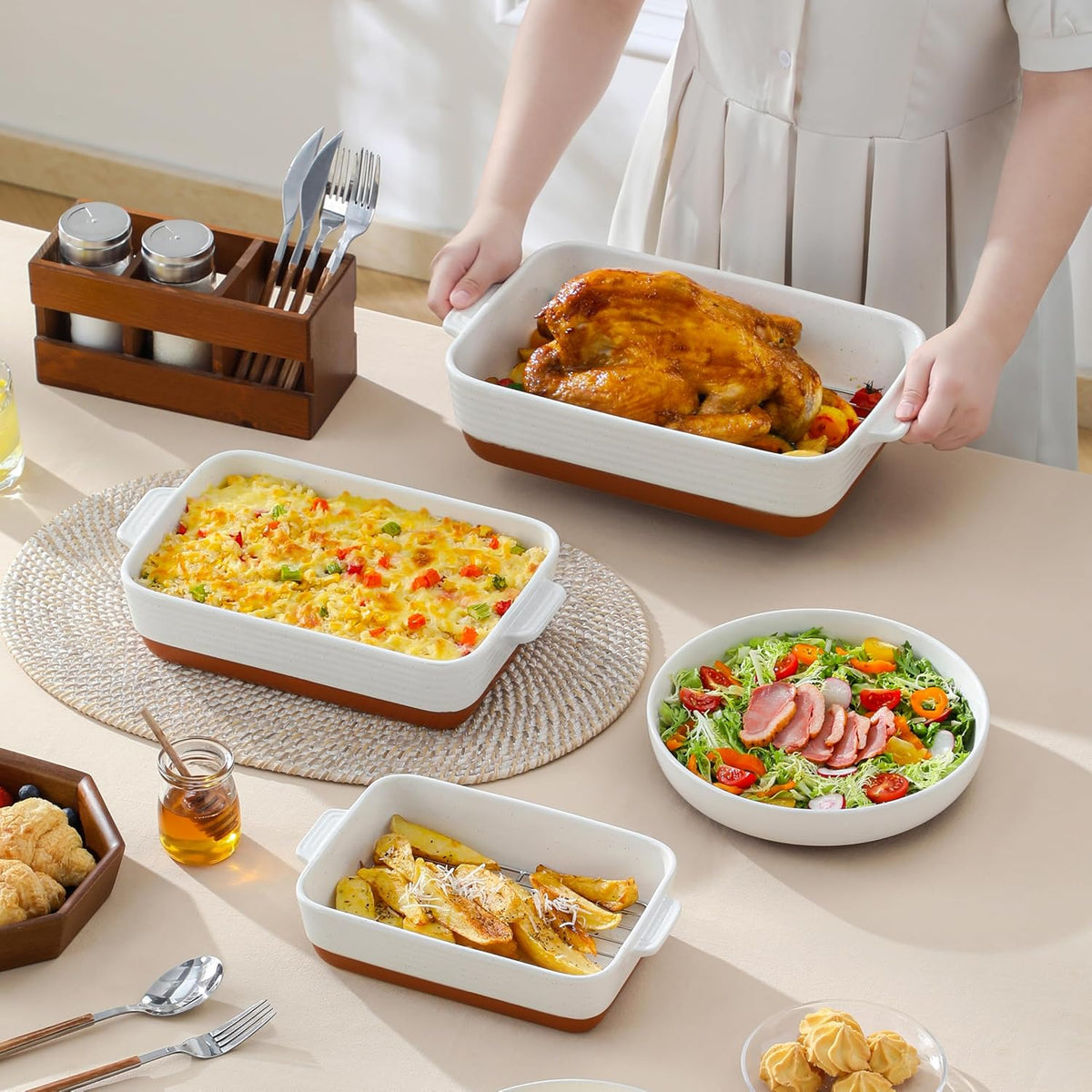 MALACASA Casserole Dishes for Oven with Roasting Racks, Ceramic Baking Dishes Set of 3, Baking Pan Casserole Dish Set, Rectangular Lasagna Pan Deep with Handles for Baking, Khaki White (14.5''/13''/10.5''), Series TARA