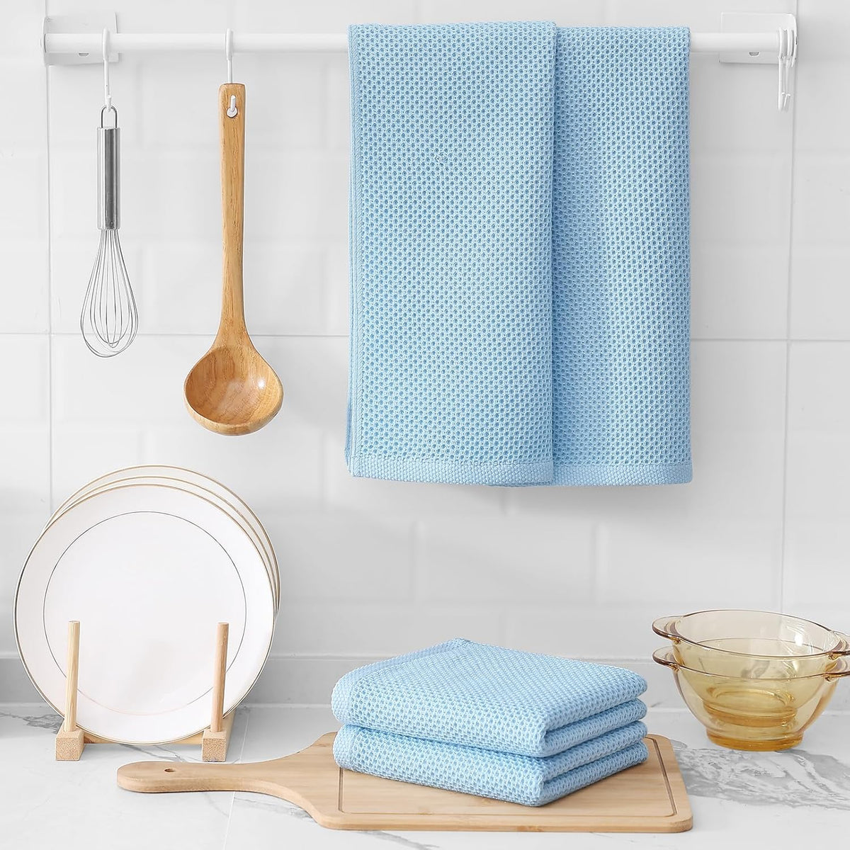 Kitinjoy 100% Cotton Waffle Weave Kitchen Towels (13 X 28 Inches, Sky Blue), 12-Pack Super Soft and Absorbent Dish Towels for Drying Dishes, Kitchen Hand Towels