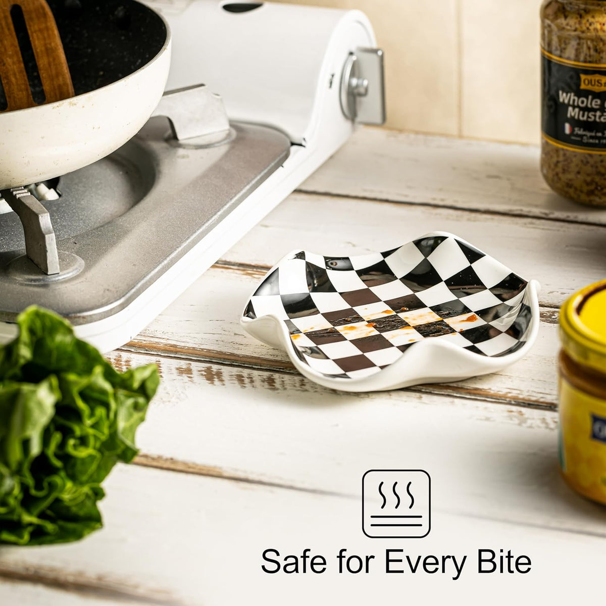 Spoon Rest for Stove Top - 5.3in Checkered Spoon Holder Utensil Rest, Ceramic Spoon Rests for Kitchen, Cooking - Black and White Kitchen Decor, Housewarming Gifts
