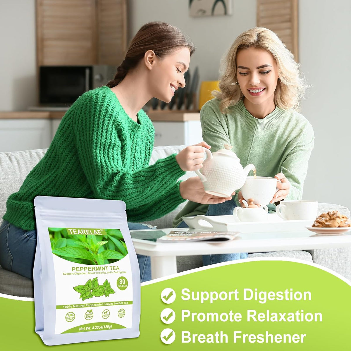TEARELAE - Peppermint Tea Bags, 80 Count - 100% Pure Peppermint Leaves - Non-GMO - Naturally Caffeine-free Herbal Tea - Support Digestion & Natural Breath Freshener