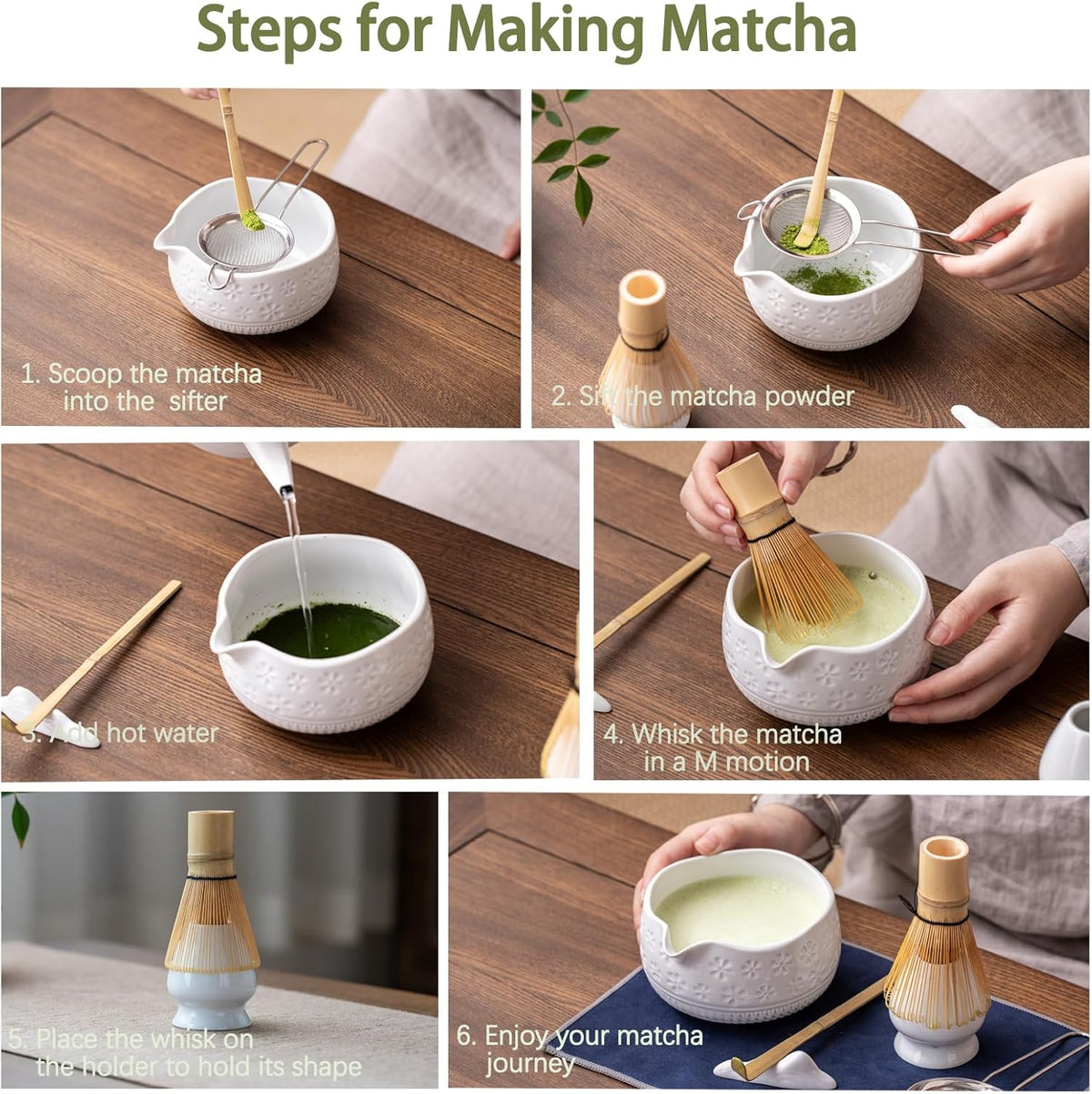 Matcha Whisk Set, Ceramic & Bamboo, 7 Pcs, White, Includes Bowl, Whisk, Holder, Scoop, Rest, Sifter, Tea Towel
