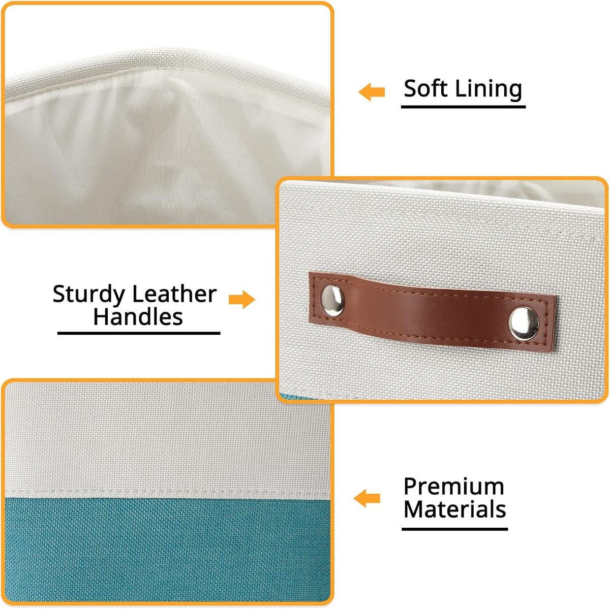 DULLEMELO Foldable Storage Cubes 11 x 11 Organizer Bins,Canvas Storage Bins Empty Gift Baskets for Organizing with SturdyLeather Handles, Closet Baskets for Nursery Storage(4 Pack - 11" White&Teal)
