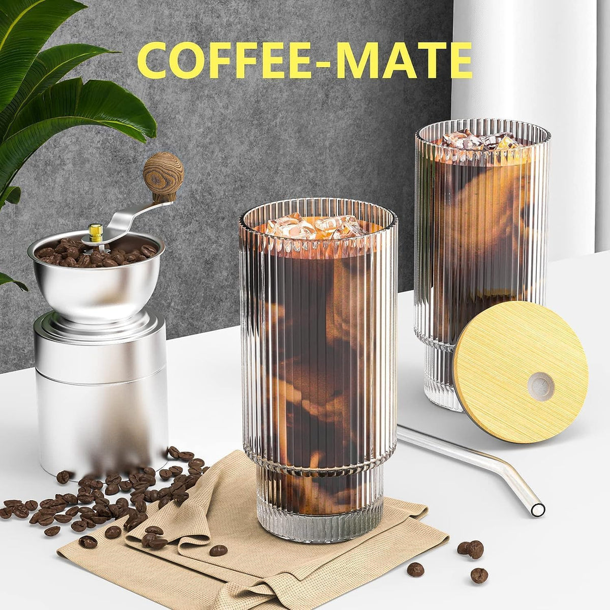 Glass Cups, 16OZ Vintage Glass Coffee Cups with Lids and Straws 8 Set, Vintage Glassware for Whiskey Cocktail Beer, Iced Coffee Cups with Lid, Glass Tumbler with Straw and Lid