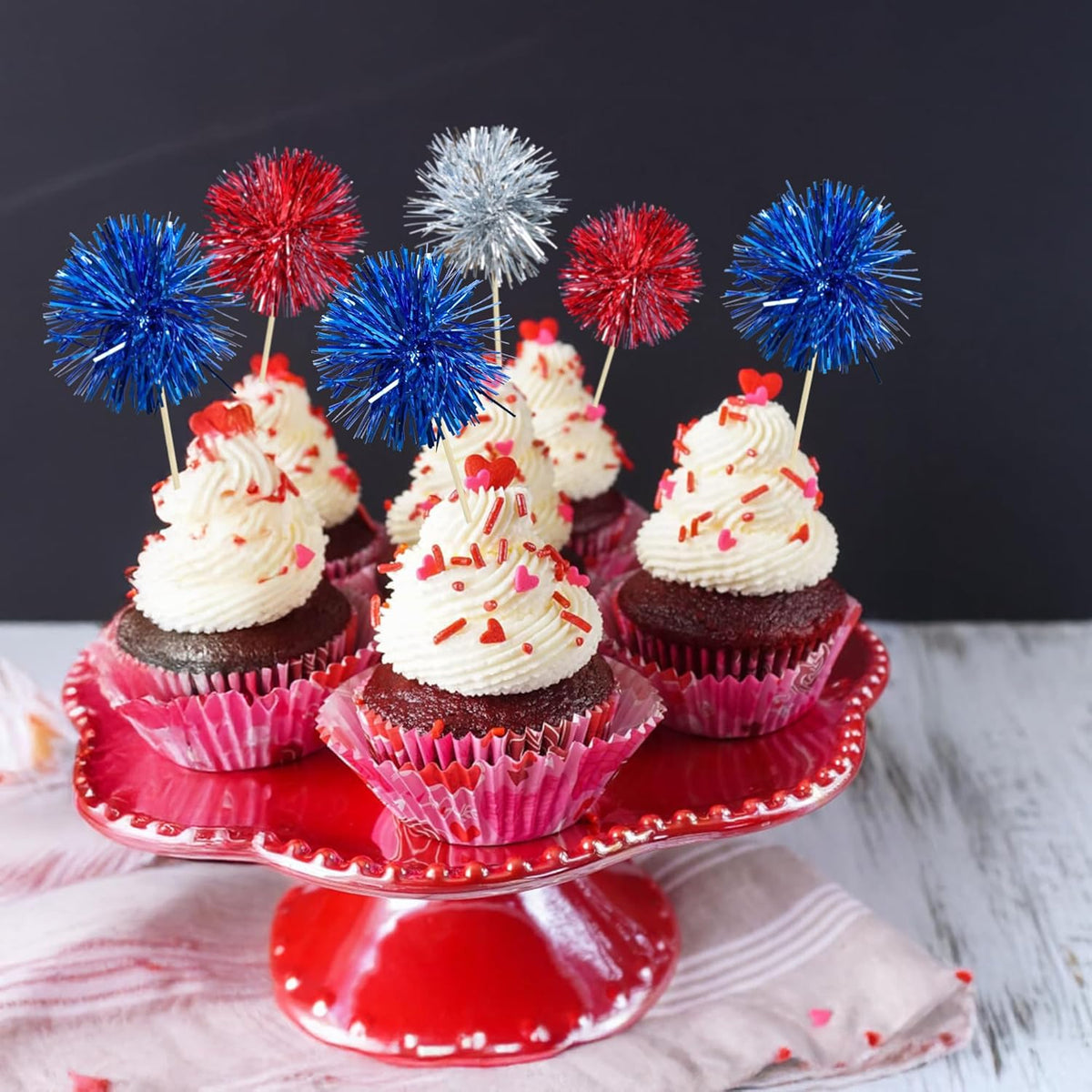 Ephlyn 30Pcs Foil Firework Cupcake Toppers Sparkle Tinsel Cupcake Picks Happy Birthday Cake Toppers Drink Cocktail Food Fruit Toothpicks for Baby Shower Birthday Party Supplies Red Silver Dark Blue