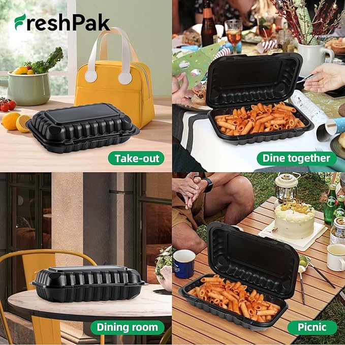 FRESHPAK Plastic Containers Mineral Filled PP - 50 Pack 9x6 27 oz Shrink Wrap BPA Free | Stackable Meal Prep Clamshell Food Container | Reusable Microwave Safe Leftovers Takeout | Catering To Go Box