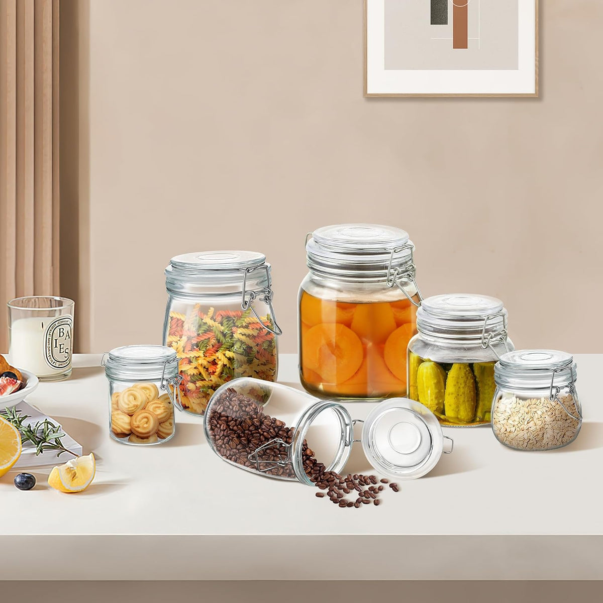 Glass Food Storage Jars with Airtight Lids 25 oz Round 4 Pack Kitchen Storage Containers Cabinet Canisters Sealed Pot Canning for Pasta, Cereal, Coffee, Beans, Spice