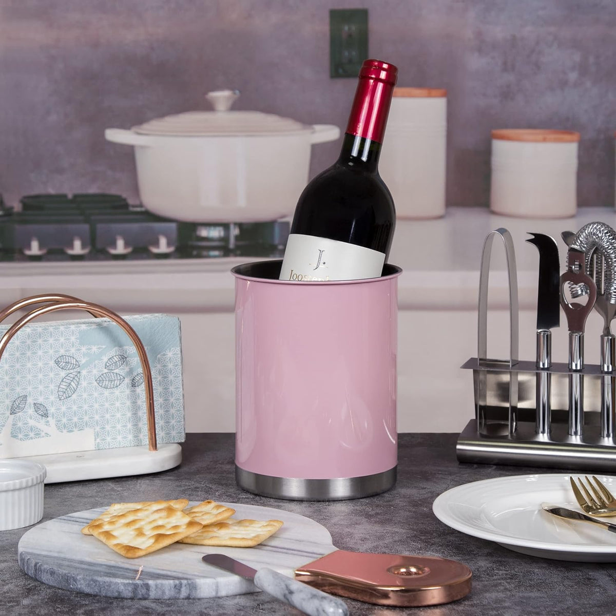 Creative Home Stainless Steel Utensil Holder– 6.3" Large Cooking Tool Organizer for Kitchen Decor and Countertop Storage, Stable Anti-Tip Design, Durable Powder-Coated Finish, Pink