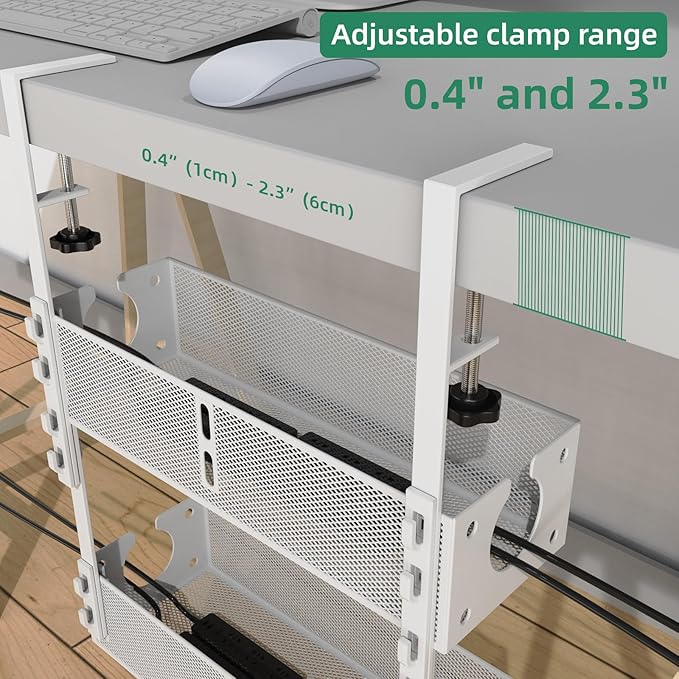 Multi-Model Under Desk Cable Management 2 Pack Metal Under Desk Wire Management Tray Clamp Mount Under Table Cord Management No Damage The Desk White