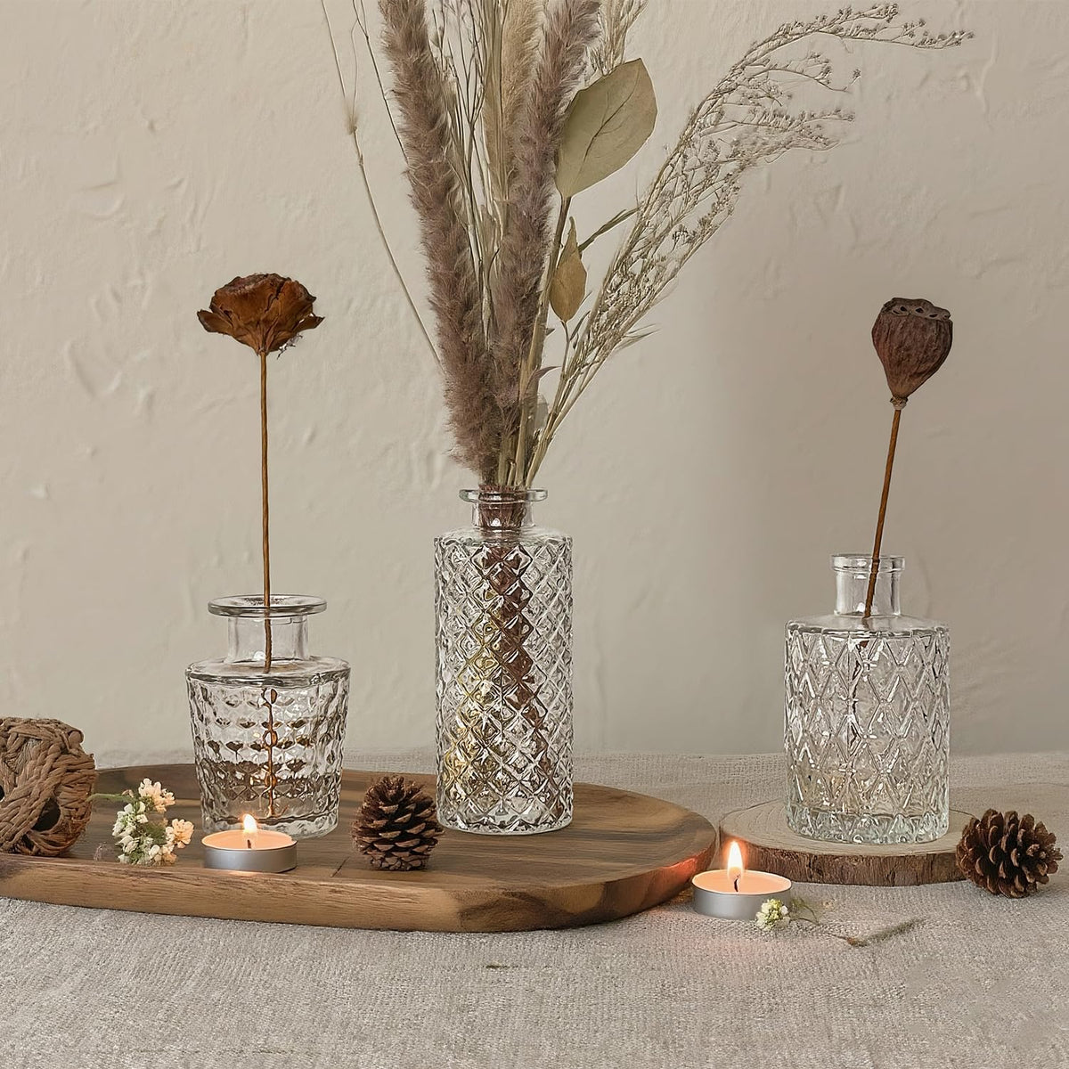 Glass Bud Vase Set of 3 Pcs Small Minimalist Vases for Flowers, Vintage Rustic Home Decor for Table Centerpiece Wedding Party, Modern Clear Aromatherapy Bottle for Living Room Bedroom