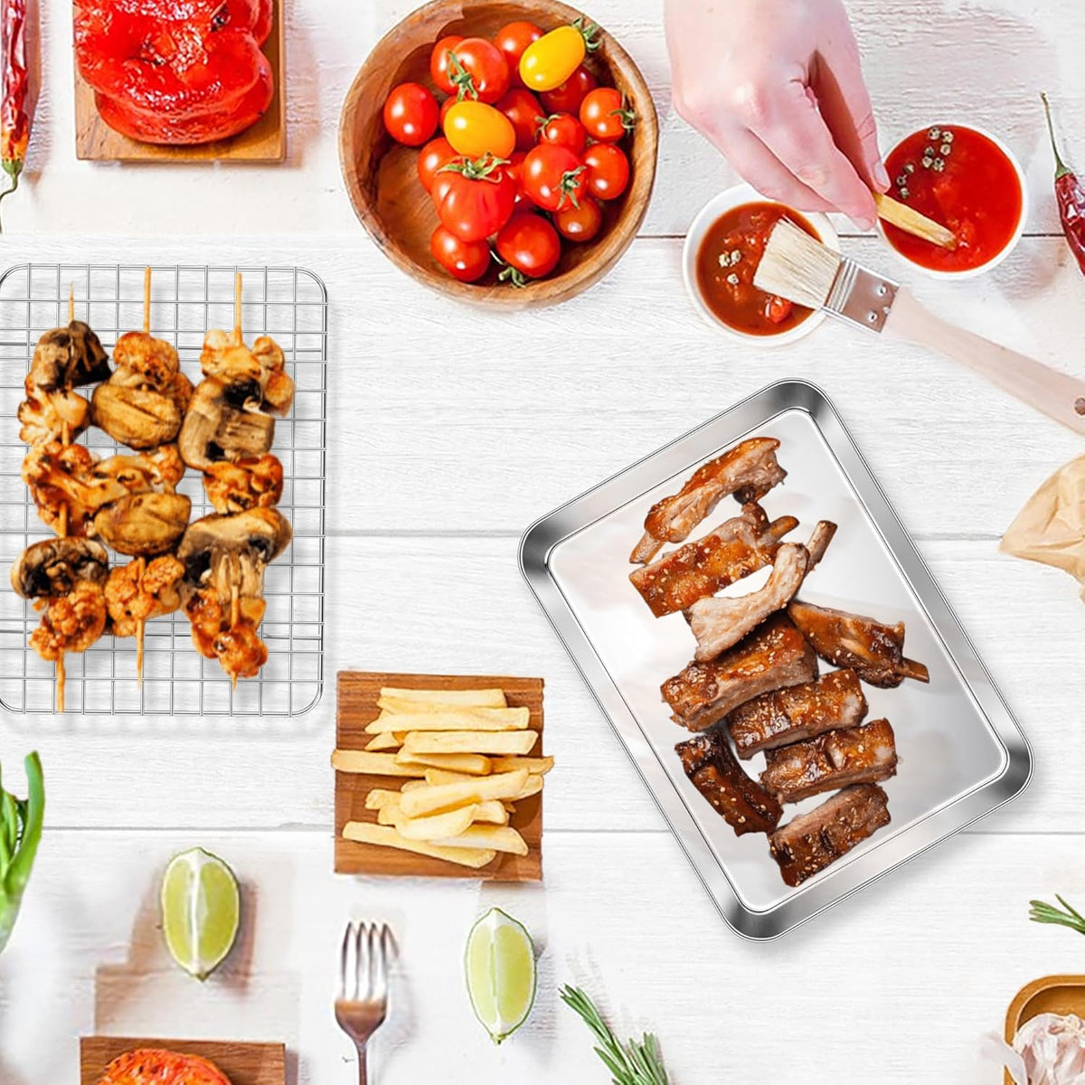 E-far Baking Sheet with Rack Set, 9.5” x 7.3” Stainless Steel Cookie Sheet Baking Pan for Toaster Oven, Mini Metal Tray with Cooling Wire Rack for Cooking Roasting, Non-toxic & Dishwasher Safe