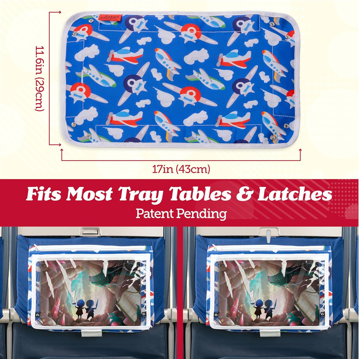 Lusso Gear Kids Airplane Tray Table Cover with Pockets – Travel Tray Essentials for Toddlers on Plane or Train - Travel Toys & Airplane Travel Essentials - Flying Accessories Toddlers (Dinosaurs)