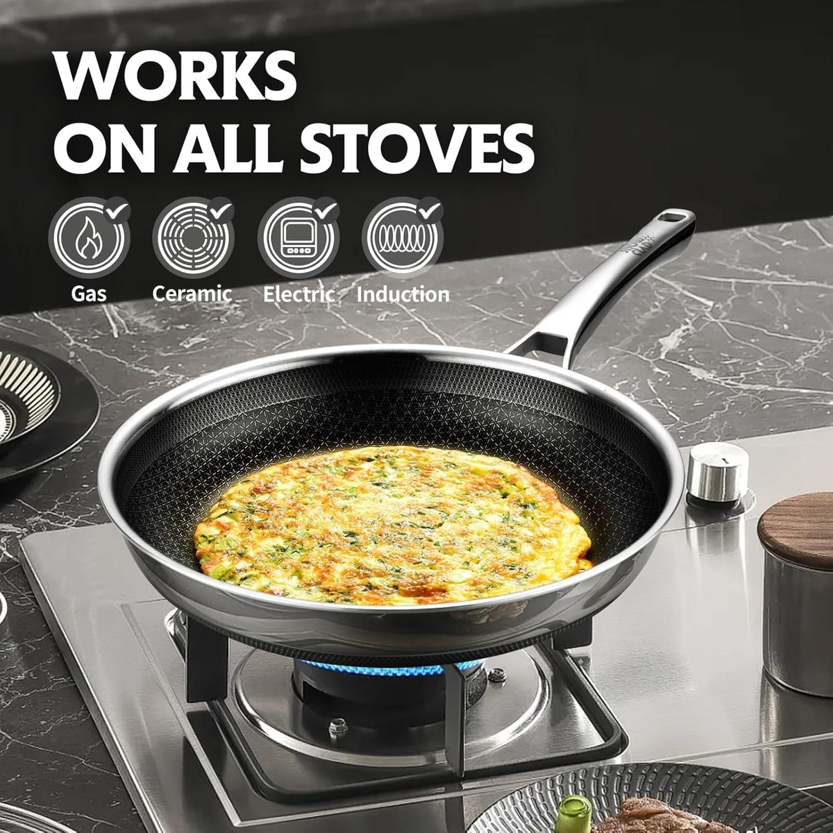 Non Stick Frying Pans Set,Hybrid Pan Set(8+10+12inch) Frying Pans Nonstick for cooking,PFOA Free Induction Cookware Sets,non stick Stainless Steel Skillets,Dishwasher and Oven Safe Kitchen set