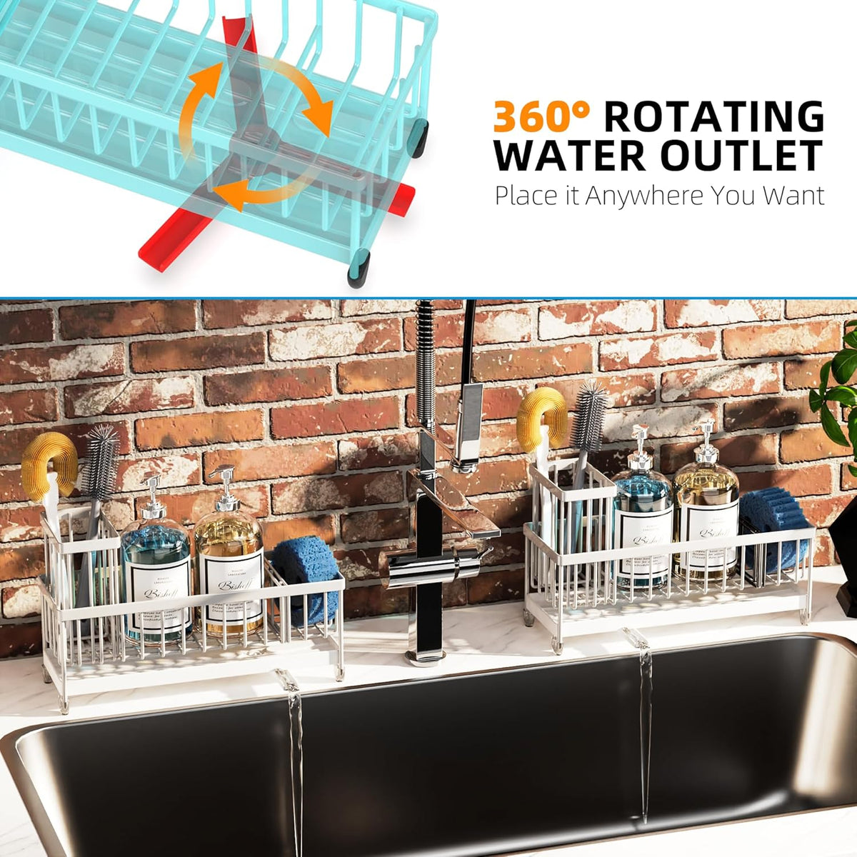 Moforoco Extra Large Kitchen Sink Caddy, Rustproof Sponge Holder for Kitchen Sink with High Brush Holder, Stainless Steel White Kitchen Caddy Sink Countertop Organizer, Sponge Caddy for Kitchen Sink