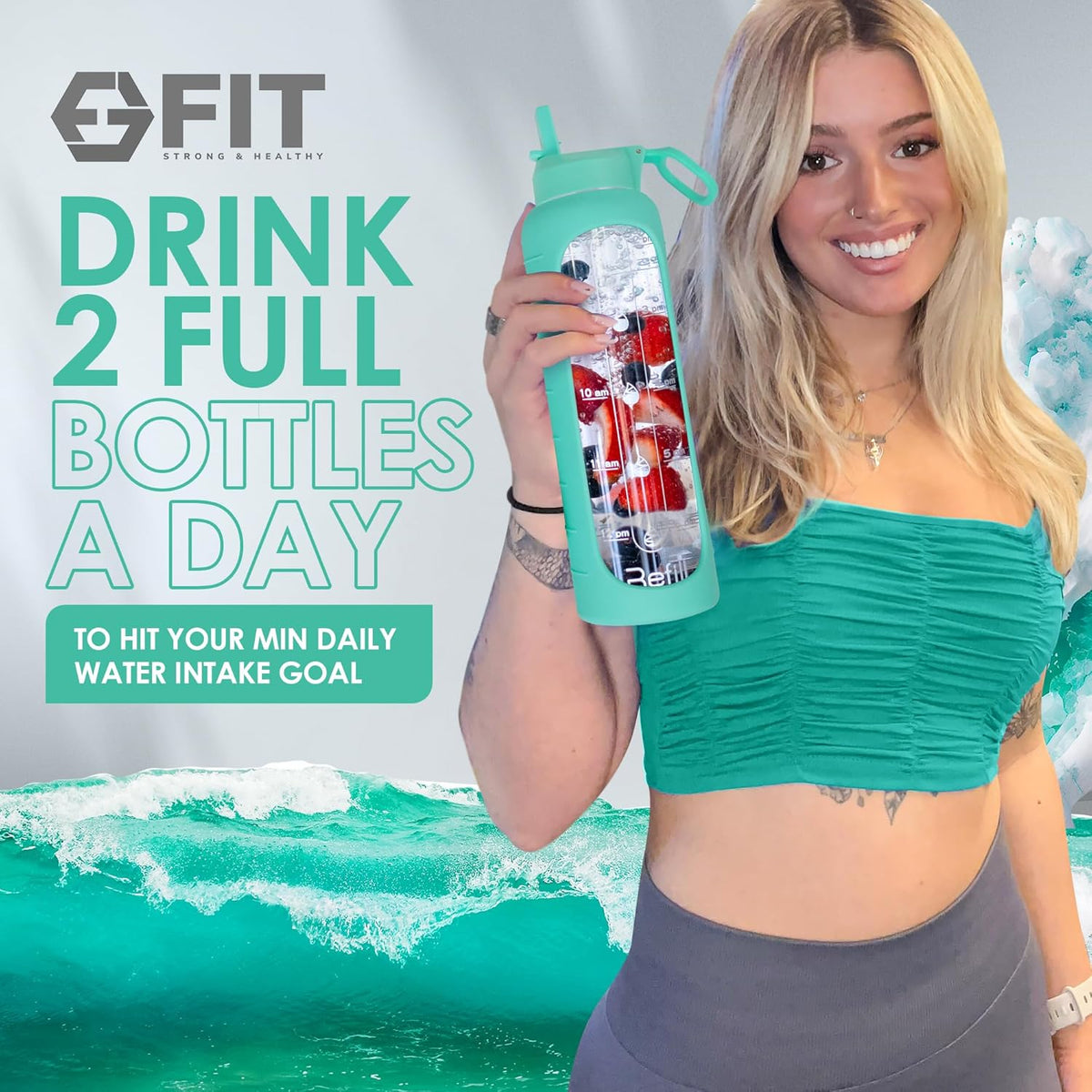 FIT Strong & Healthy 32 oz Glass Water Bottle with Straw Lid, Time Marker, Sleeve & Extra Lid - Motivational, Wide Mouth 1 Liter Glass Drinking Bottle