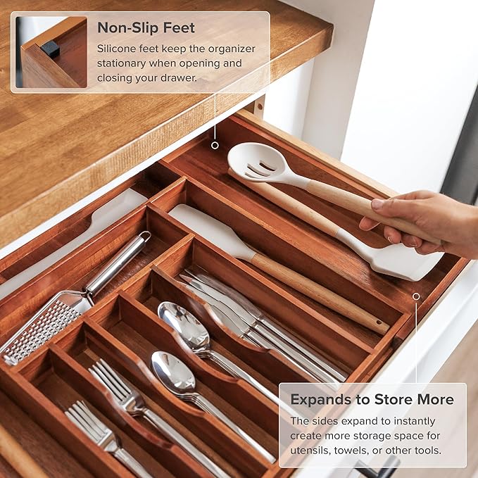 Premium Silverware, Flatware and Utensil Organizer for Kitchen Drawers, Expandable 14.5 to 25 Inches Wide, 10 Compartments, Food-Safe Premium Acacia Wood Finish Kitchen Storage Tray