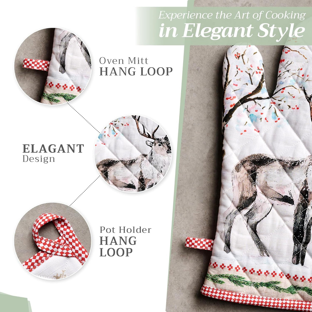 Maison d' Hermine 100% Cotton Oven Mitt & Pot Holder Set (7.5"x13" & 8"x8") Heat Resistant BBQ Cooking Gloves with Loop, Baking, Grilling, Kitchen, Handling Hot Pans (Rural Christmas)