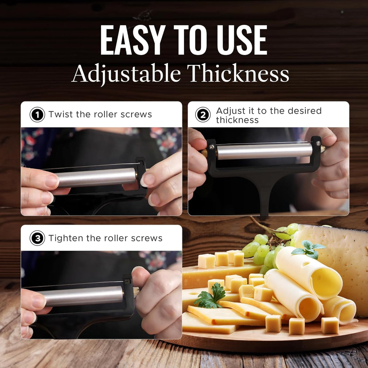 Zulay Kitchen Stainless Steel Wire Cheese Slicer - Adjustable Hand Held Cutter with 2 Extra Wires - Premium Cheese Shaver For Mozzarella, Cheddar, Gruyere - Black
