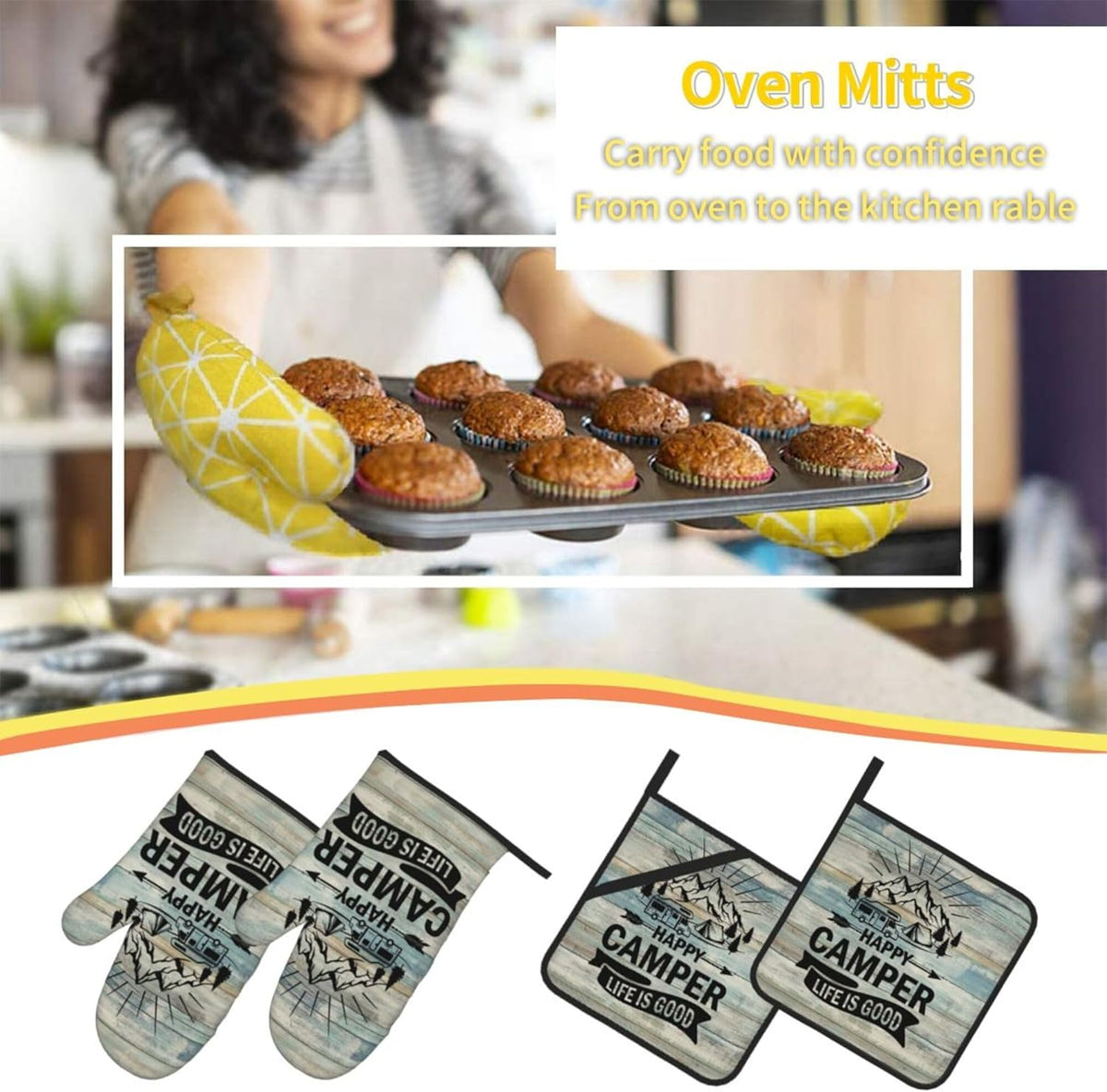 Happy Camper Oven Mitts and Pot Holders Sets of 4,Resistant Hot Pads with Polyester Non-Slip BBQ Gloves for Kitchen,Cooking,Baking,Grilling