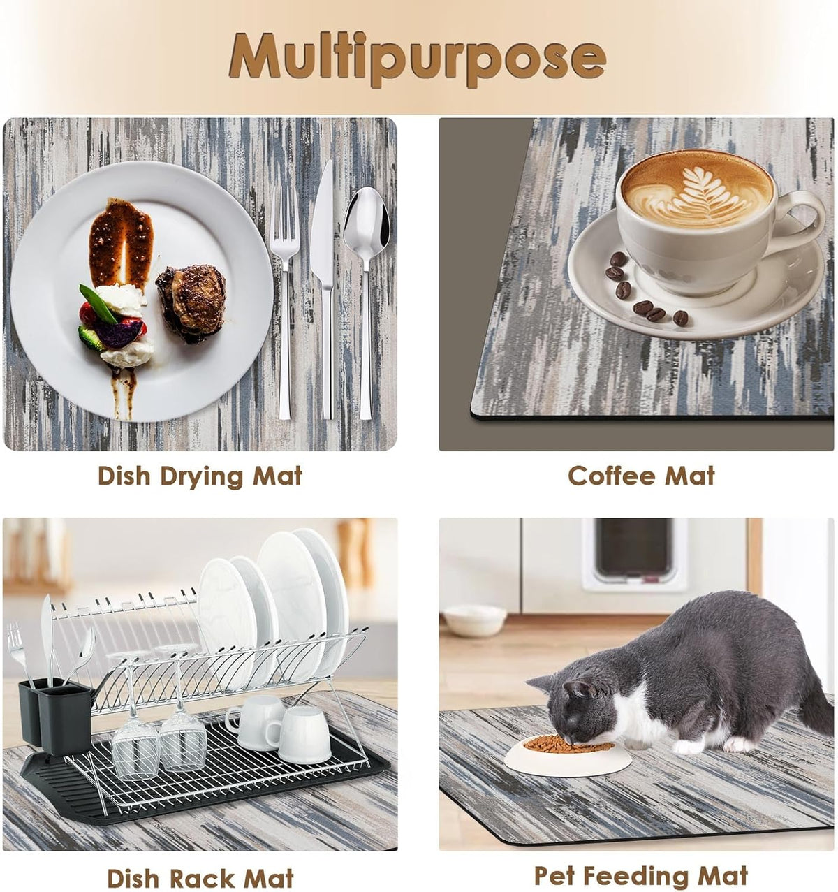 Arttown Coffee Mat for Countertops, Abstract Tan Minimalism Grey Dish Drying Mat 2 Pcs for Kitchen Bar Accessories, Fit Under Coffee Maker Espresso Machine Dish Rack Hide Stain Rubber 12x19in