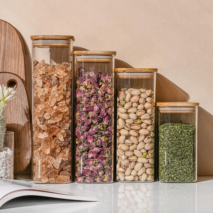 71oz Rectangle Airtight Glass Storage Containers with Bamboo Lids (Set of 3), Square Food Storage Jar, Pantry Organizers for Sugar, Flour, Spaghetti and Coffee beans (with Black Lable)