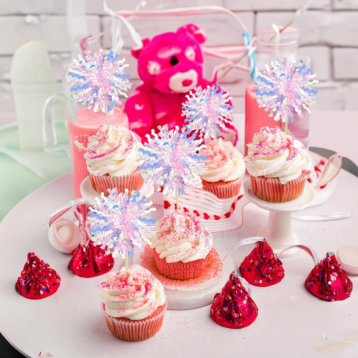 Ephlyn 30Pcs Foil Firework Cupcake Toppers Firework Cake Toppers Tinsel Flower Drink Stirrers Cocktail Food Fruit Toothpicks for Valentine's Day Party Decorations Pink