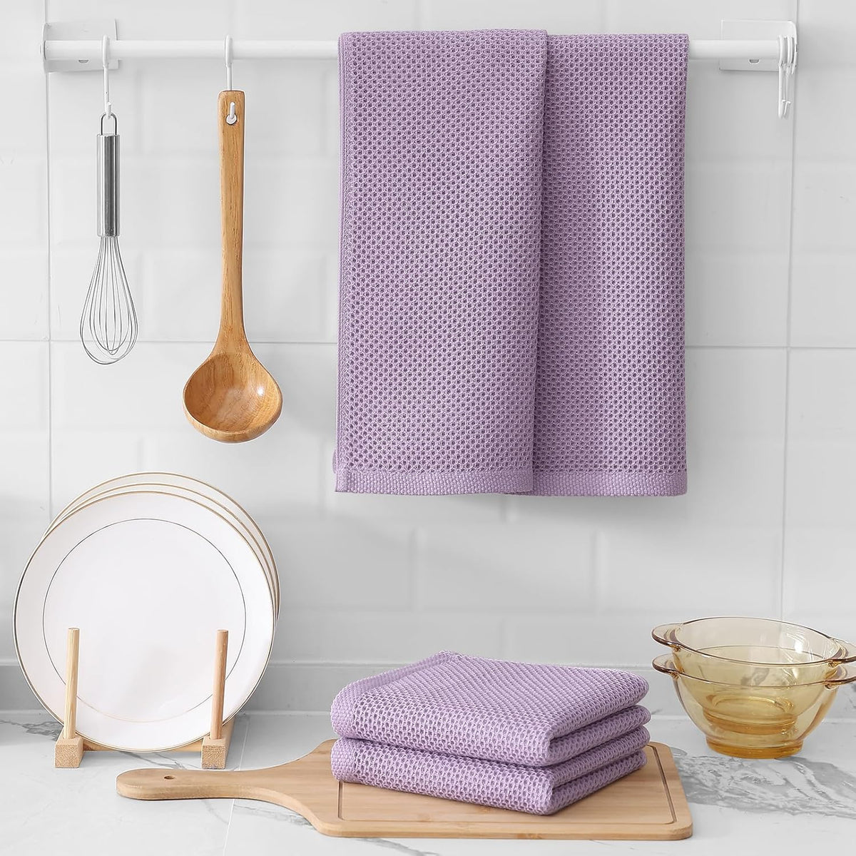 Kitinjoy 100% Cotton Waffle Weave Kitchen Towels, 12-Pack Super Soft and Absorbent Dish Towels for Drying Dishes, Kitchen Hand Towels, 13 in x 28 in, Lavender