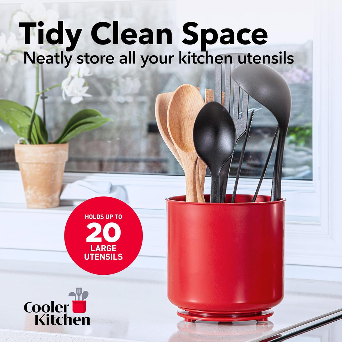 Extra Large Rotating Red Utensil Holder with Sturdy No-Tip Weighted Base, Removable Divider, and Gripped Insert | Rust Proof and Dishwasher Safe Kitchen Utensils Holder by Cooler Kitchen 7*7 Inches
