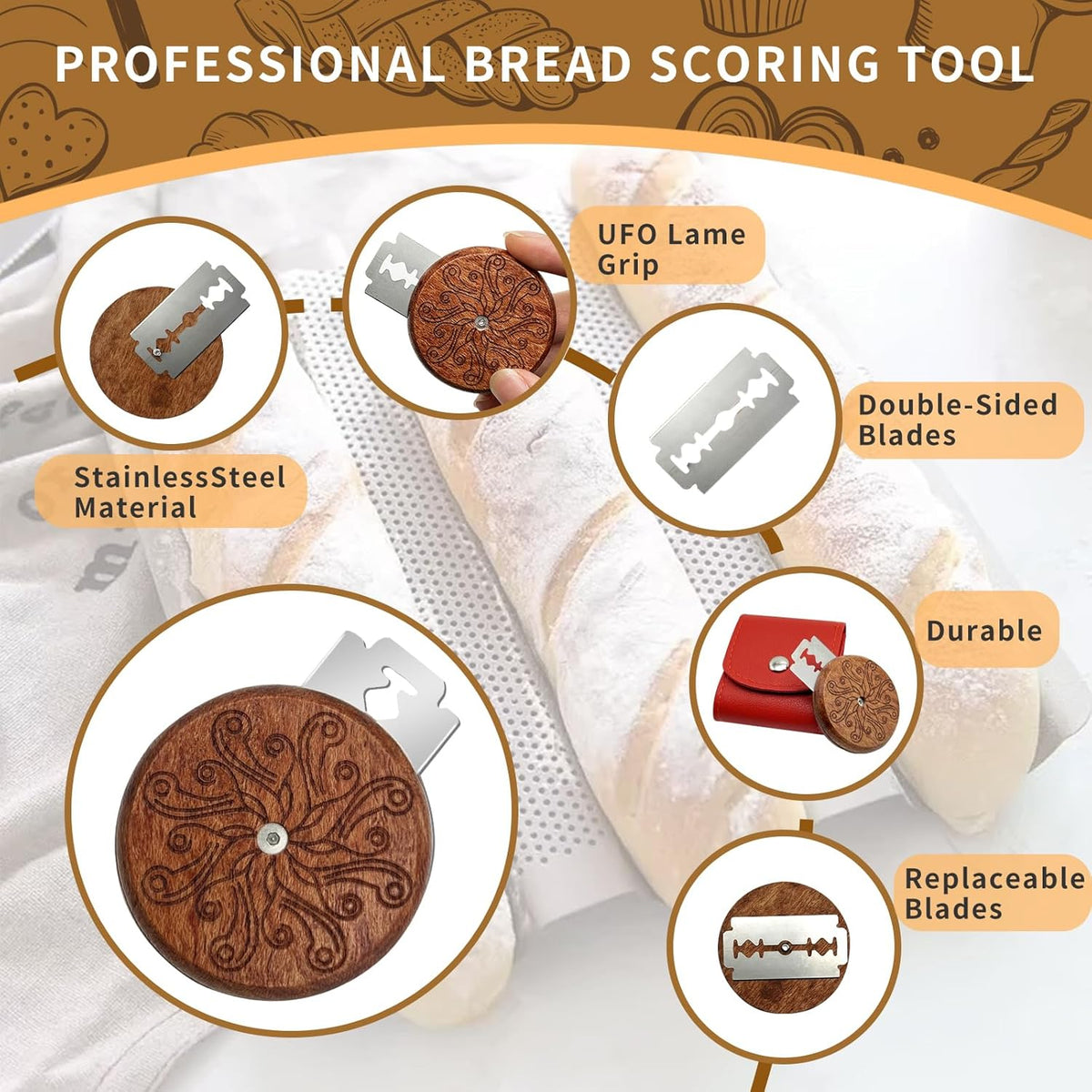 Bread Lame Sourdough Scoring Tool,Wooden Lame Bread Scoring Tool with 5 Razor Blades and Leather Storage Cover,UFO Bread Lame Dough Scoring Tool for Bread Baking