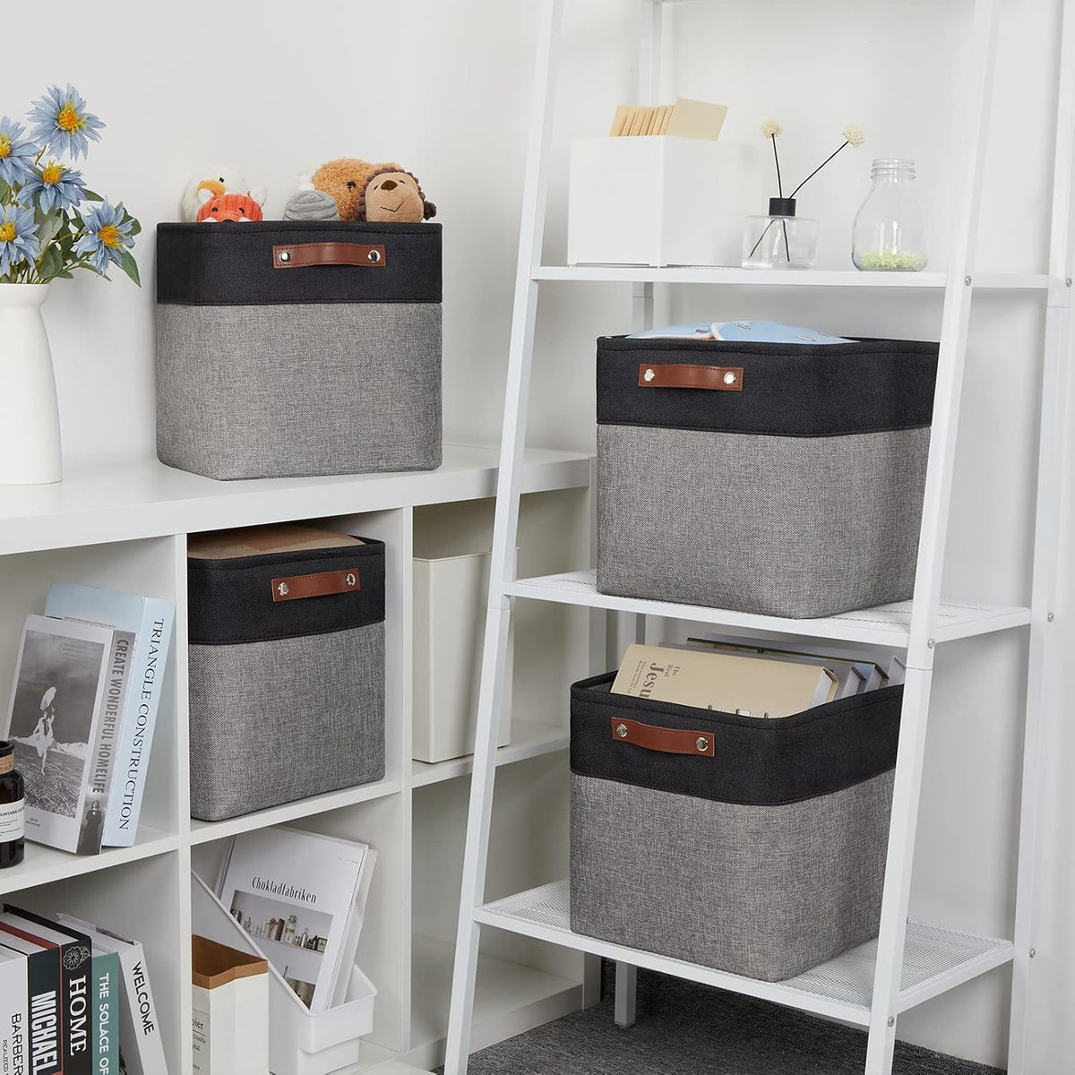 DULLEMELO Cube Collapsible Storage Bins, 12 inch Fabric Storage Cubes Bins Canvas Organization Baskets, Linen Closet Organizers Boxes for Home Organization and Storage (4 Pack - 12" Black&Grey)