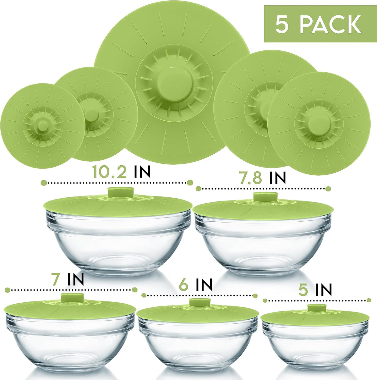 Silicone Bowl Lids Green Set of 5 Reusable Suction Seal Covers for Bowls, Pots, Cups. Food Safe. Natural grip, interlocking handles for easy use and storage.