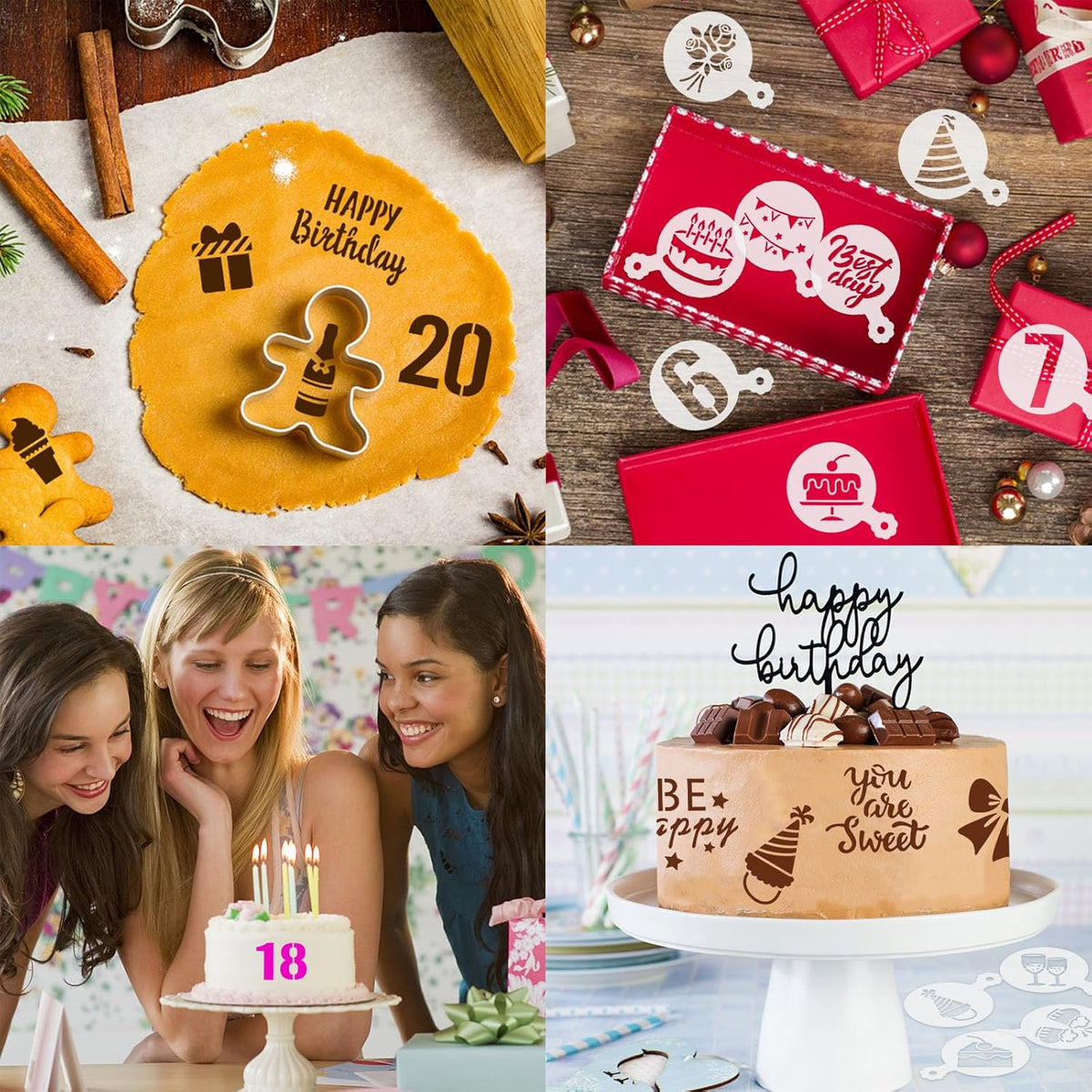 JULBEAR Birthday Cookie Stencils, 36 Pieces Reusable Coffee Decoration Stencils Templates Tools for Cookies Baking Painting Dessert Decoration DIY Birthday Party Decor