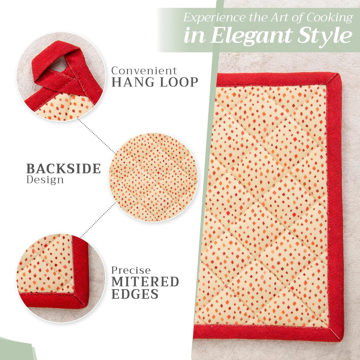 Maison d' Hermine 100% Cotton Oven Mitt & Pot Holder Set (7.5"x13" & 8"x8") Heat Resistant BBQ Cooking Gloves with Loop, Baking, Grilling, Kitchen, Handling Hot Pans (Kalahari)