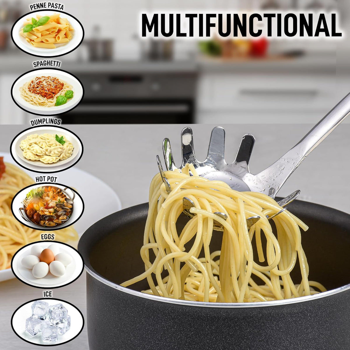 Zulay Kitchen Premium Stainless Steel Spaghetti Spoon - Pasta Spoon with Teeth - Metal Pasta Spoon - Pasta Fork Noodle Spoon - Easy to Use & Clean Pasta Utensil - 12โ Pasta Server