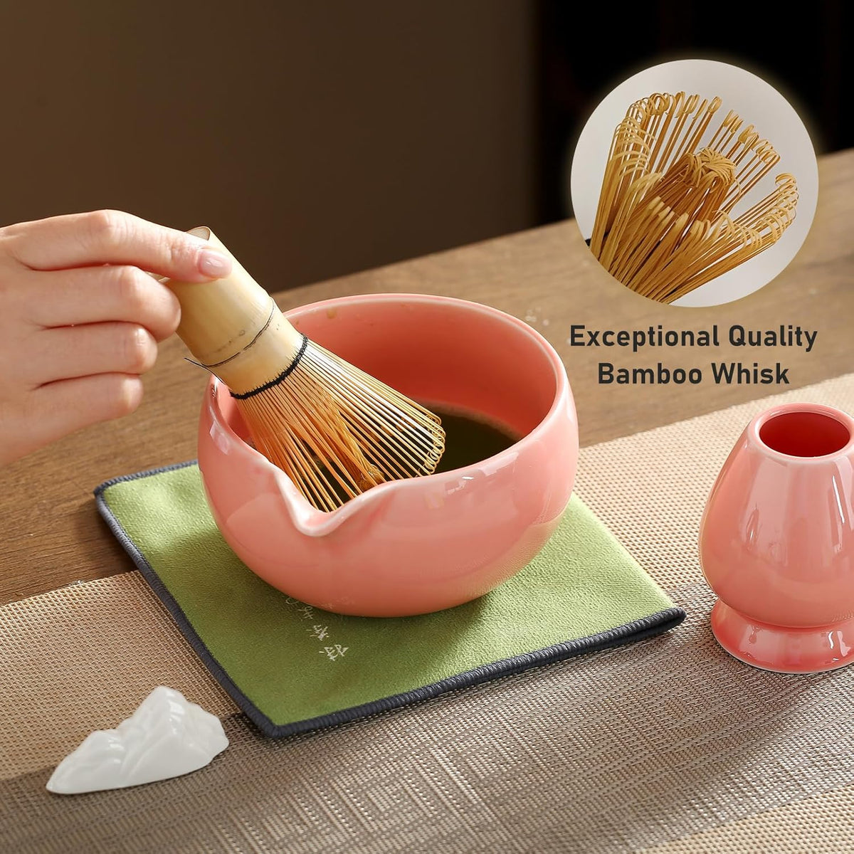 Matcha Whisk Set, Ceramic Matcha Set with Spout, Matcha Bowl Kit with Sifter, Whisk and Holder, Bamboo Scoop, Scoop Rest, Tea Towel, 7 Pcs Matcha Kit Set for Making Breakfast/Latte for Matcha Lovers
