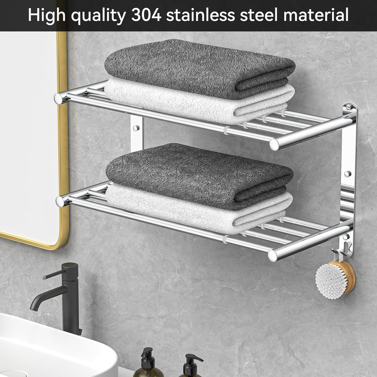 Adjustable Towel Bar for Bathroom Wall Mount17-30.7inch Adhesive Shower Towel Rack Stainless Steel Bath Towel Holders for Toilet Kitchen Double Towel Hanger (Double Towel Rack)