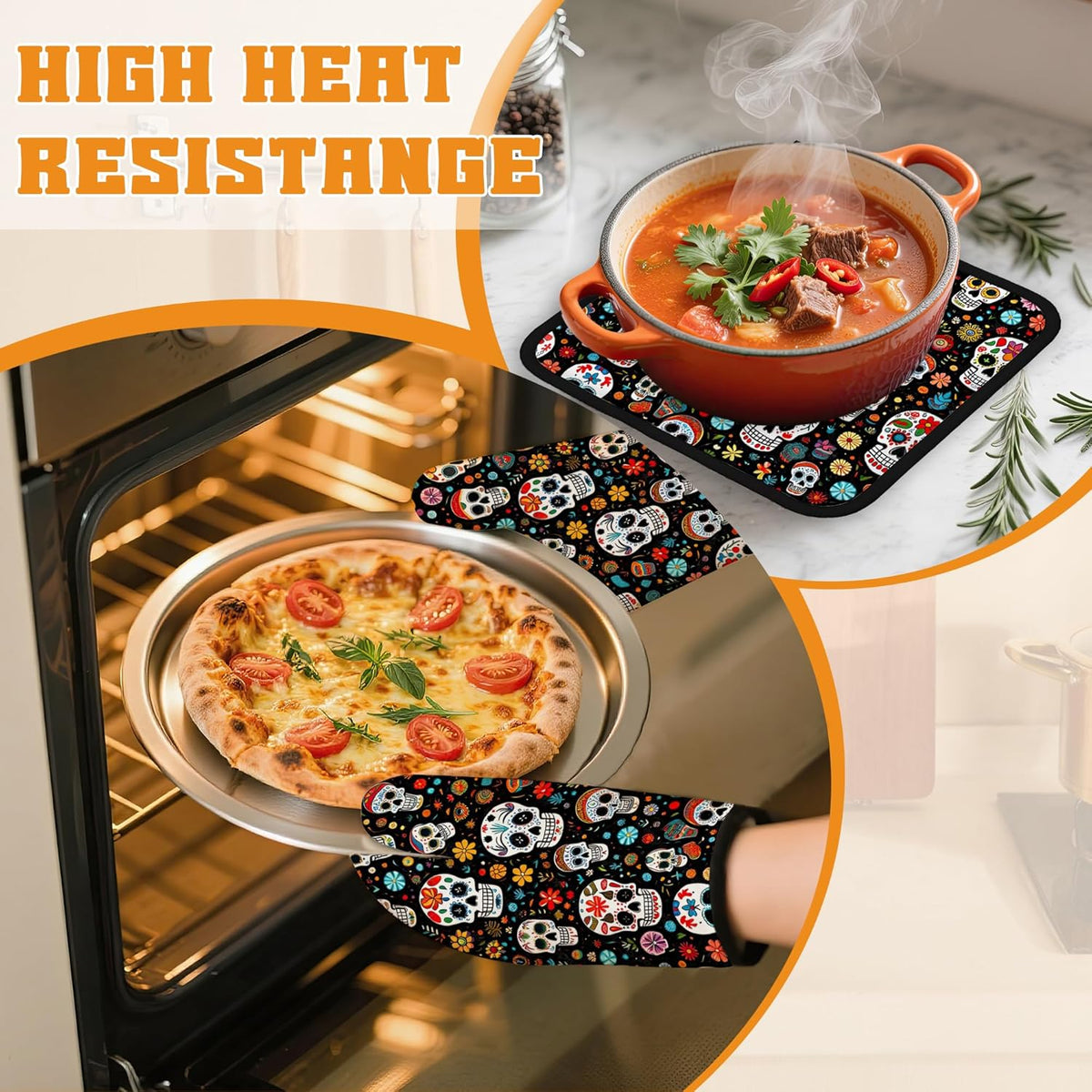 Day of The Dead Skull Mexican Oven Mitts and Pot Holders Set,Flower Kitchen Decor Heat Resistant Non Slip Hot Pads and Oven Mitt for Chef Cooking Baking BBQ Mom Girl Gifts(4 Piece Set)
