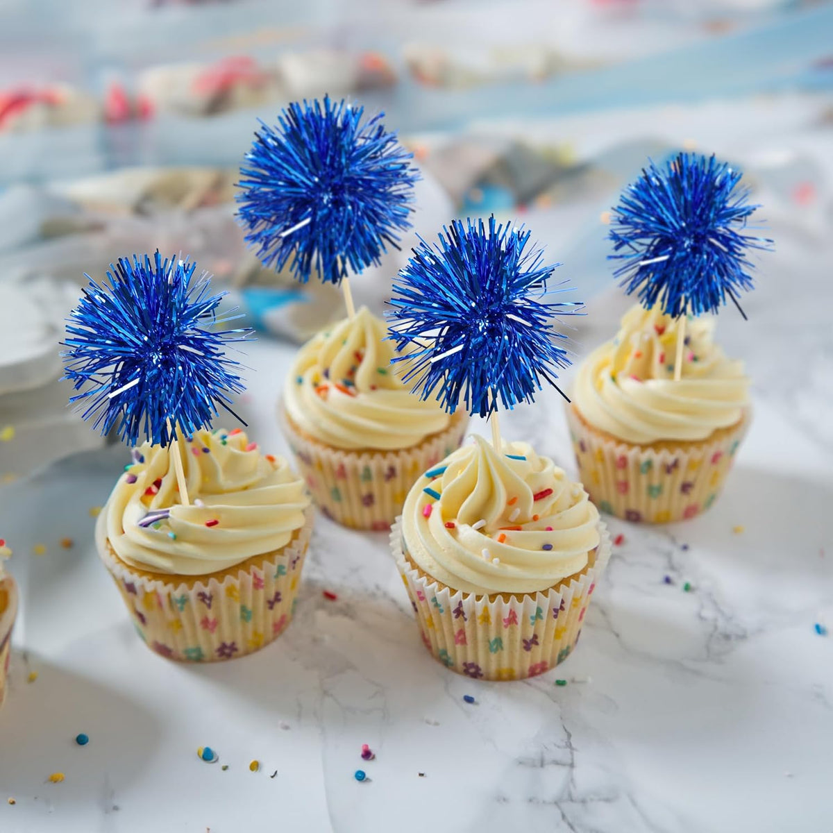 Gyufise 30Pcs Foil Firework Cupcake Toppers Sparkle Tinsel Cake Toppers Tinsel Drink Cake Decoration Cocktail Picks for Birthday Wedding Graduation Party Supplies Dark Blue