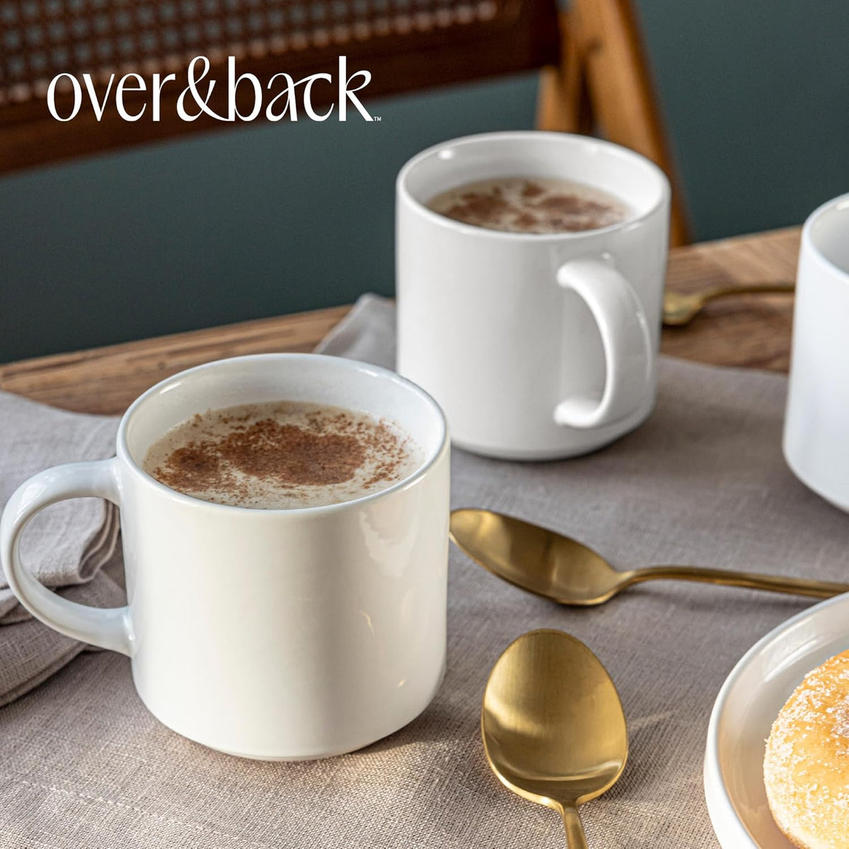 over&back Stackable Stoneware Coffee Mugs - 4-Piece Mug Set - Enjoy the Perfect Cup of Coffee, Tea, Latte, and More - Glossy White - 14oz